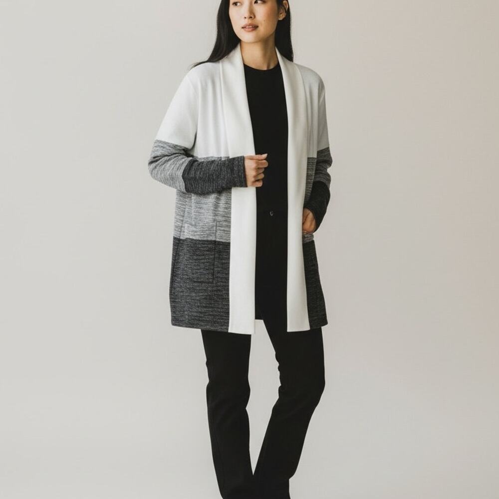 T By Talbots Colorblock Open Front Cardigan NWT Womens Sz XS White Gray Everyday